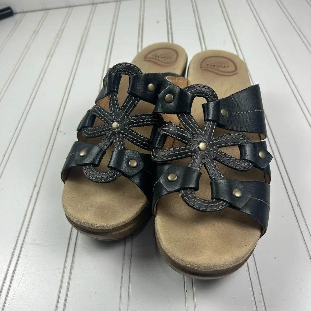 Dansko Serena Black Leather Slide Sandals Women’s Size 9-9.5